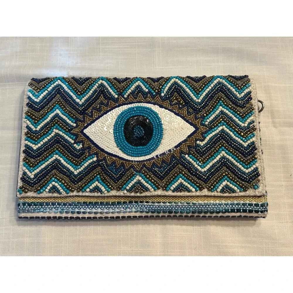 America & Beyond Evil Eye Beaded Clutch Bag Blue Gold Chevron Crossbody NWOT